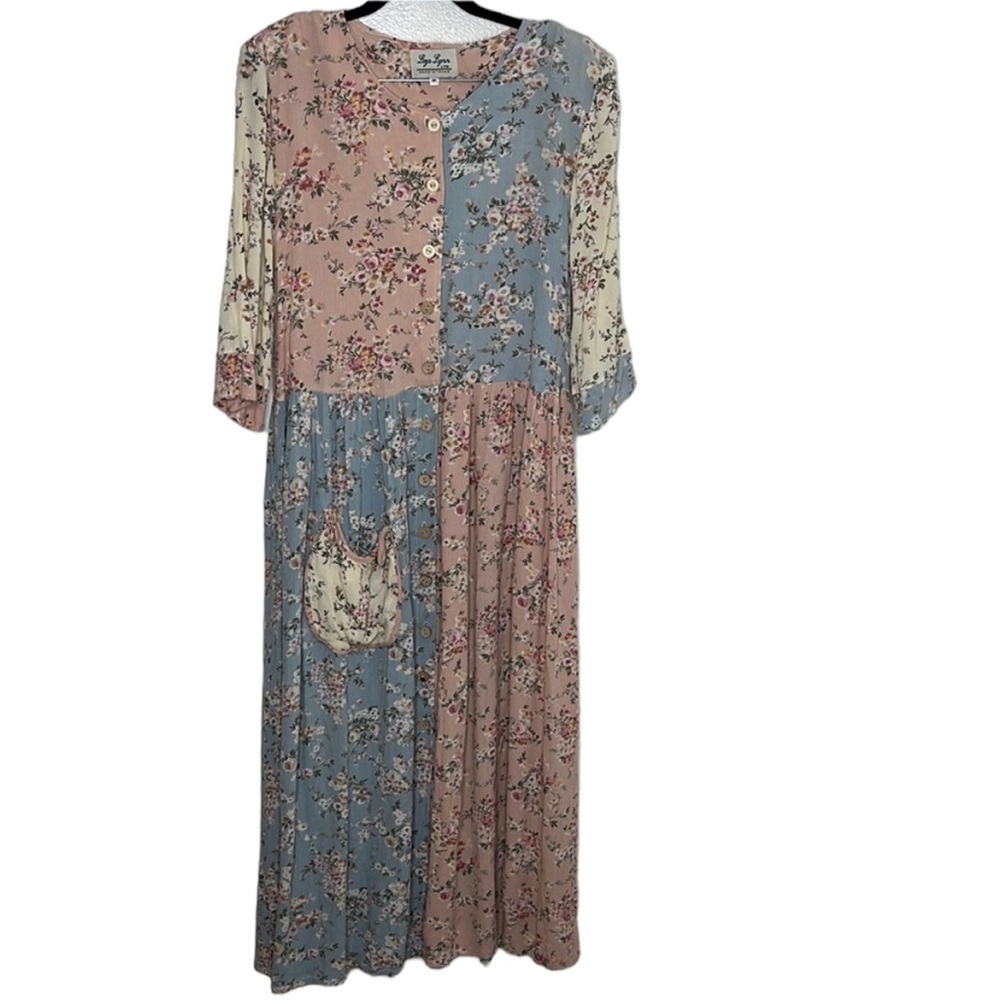 VTG Liza Lynn Pink Floral Colorblock Prairie Crinkle Maxi Button Dress Sz M